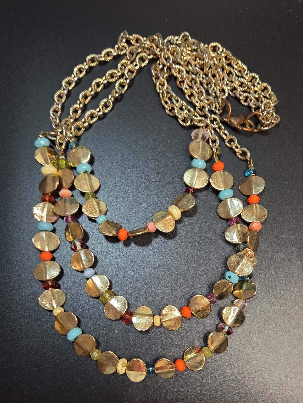 Vintage Gold Multicolor Bead Layered Necklace. "Vintage Romance" design
